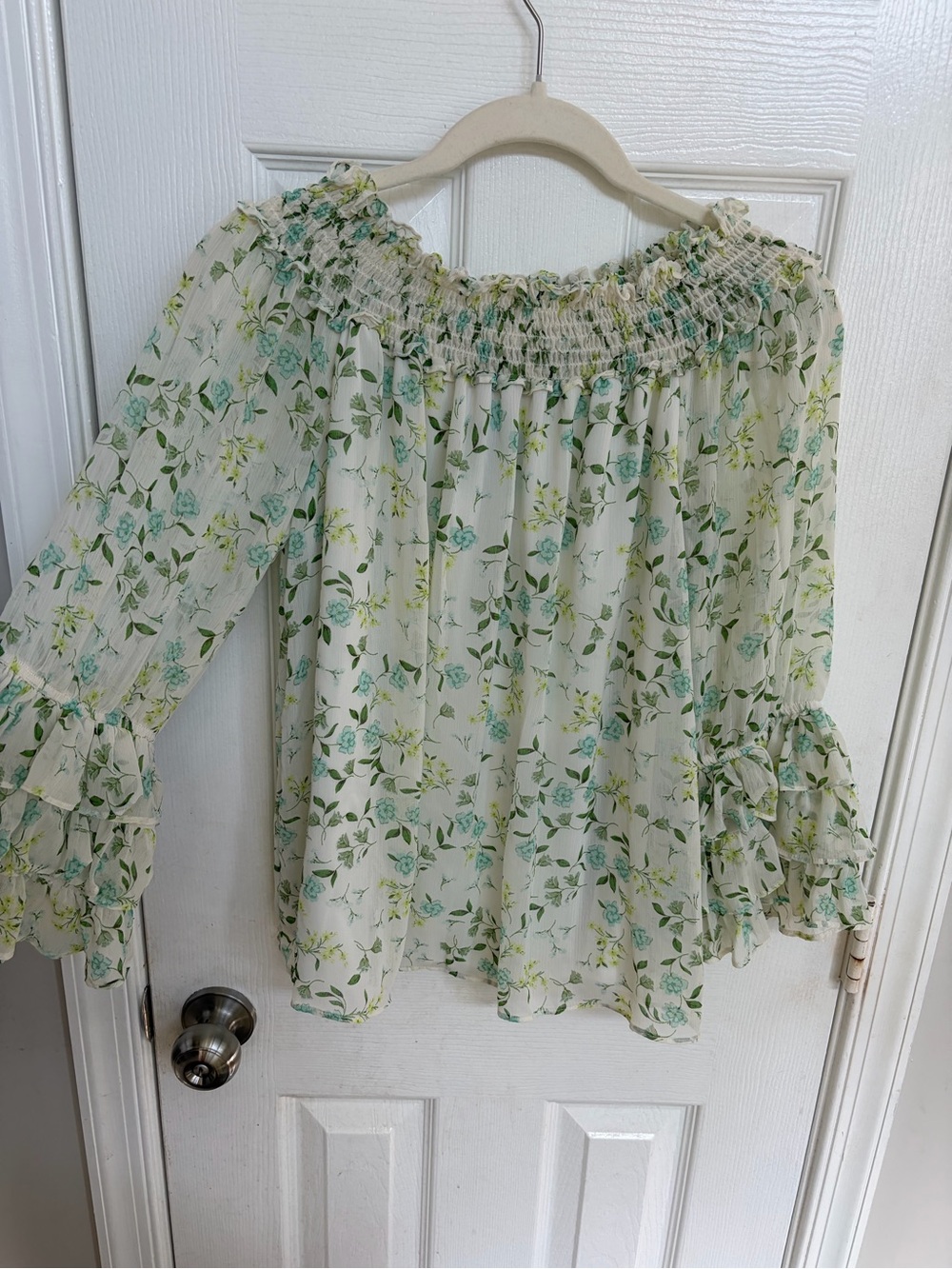CeCe Off Shoulder Floral Ruffle Peasant Blouse Cottagecore Boho Top Large - Picture 8 of 8